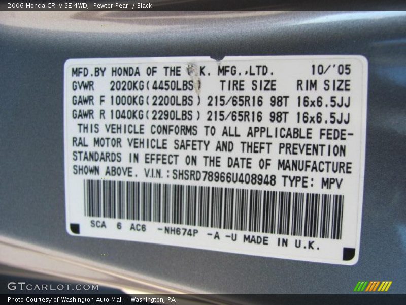 Pewter Pearl / Black 2006 Honda CR-V SE 4WD
