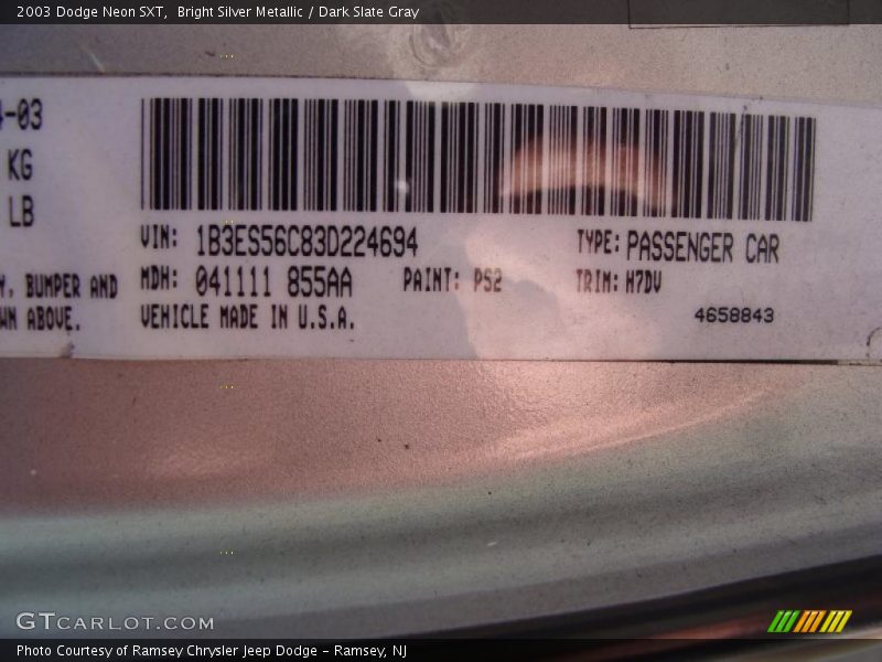 Bright Silver Metallic / Dark Slate Gray 2003 Dodge Neon SXT