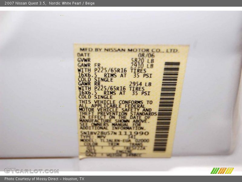 Nordic White Pearl / Beige 2007 Nissan Quest 3.5