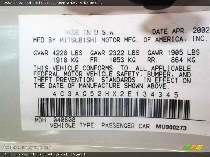 Stone White / Dark Slate Gray 2002 Chrysler Sebring LXi Coupe