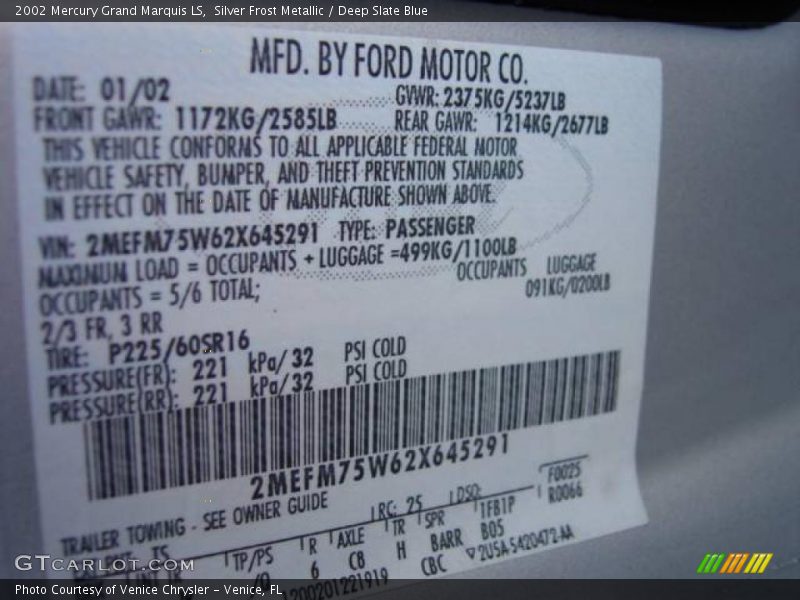 Silver Frost Metallic / Deep Slate Blue 2002 Mercury Grand Marquis LS