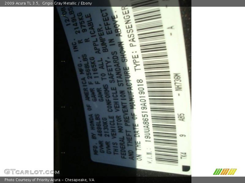Grigio Gray Metallic / Ebony 2009 Acura TL 3.5