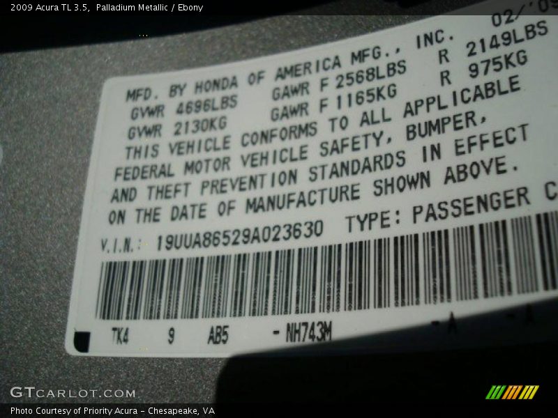 Palladium Metallic / Ebony 2009 Acura TL 3.5
