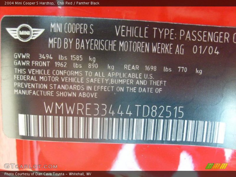 Chili Red / Panther Black 2004 Mini Cooper S Hardtop