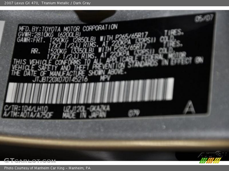 Titanium Metallic / Dark Gray 2007 Lexus GX 470