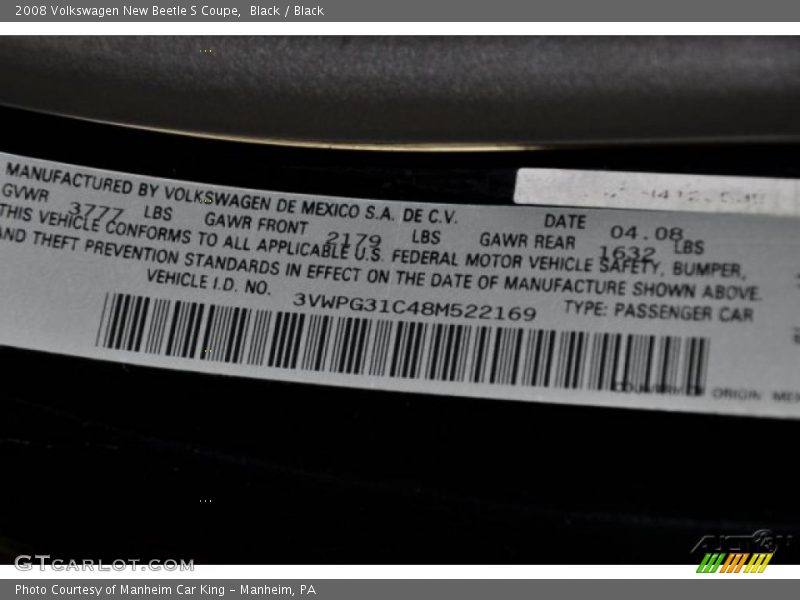 Black / Black 2008 Volkswagen New Beetle S Coupe