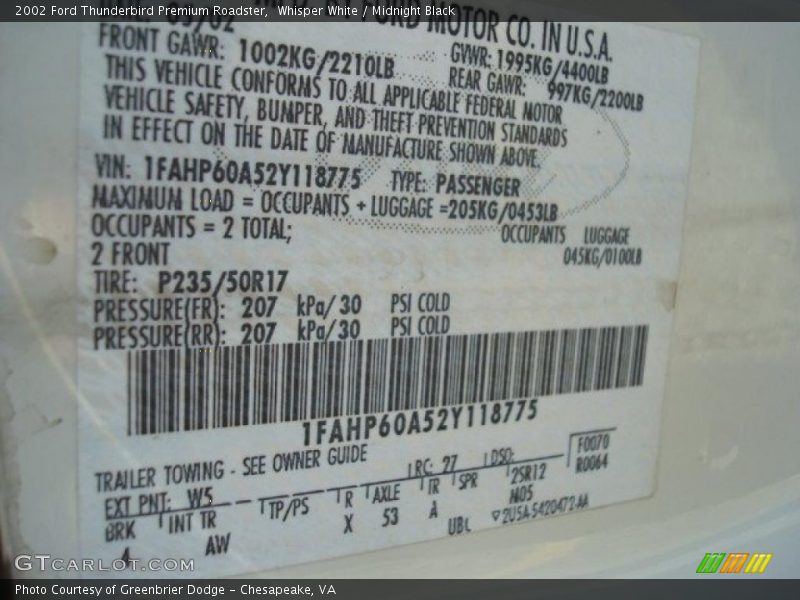Whisper White / Midnight Black 2002 Ford Thunderbird Premium Roadster