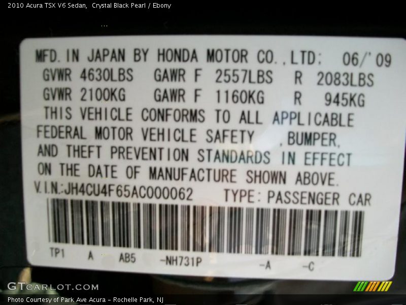Crystal Black Pearl / Ebony 2010 Acura TSX V6 Sedan
