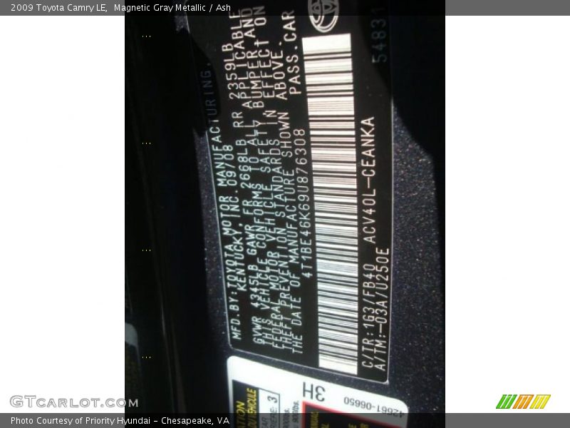 Magnetic Gray Metallic / Ash 2009 Toyota Camry LE