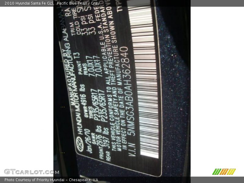 Pacific Blue Pearl / Gray 2010 Hyundai Santa Fe GLS