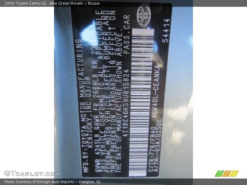 Aloe Green Metallic / Bisque 2009 Toyota Camry LE