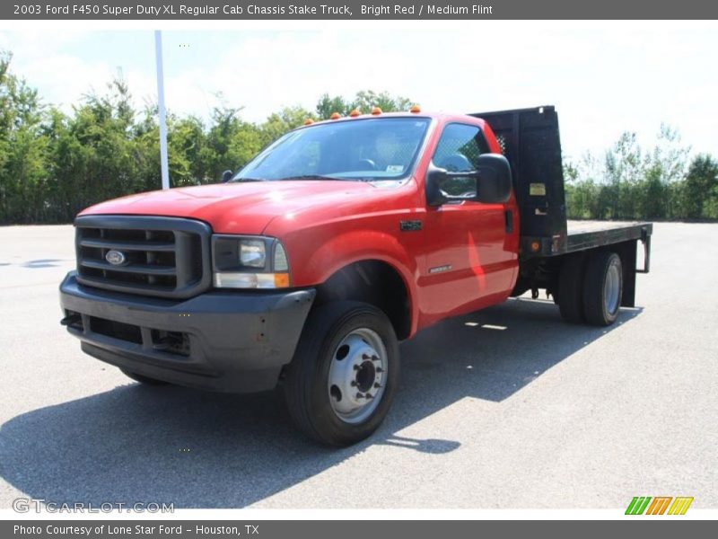 Bright Red / Medium Flint 2003 Ford F450 Super Duty XL Regular Cab Chassis Stake Truck