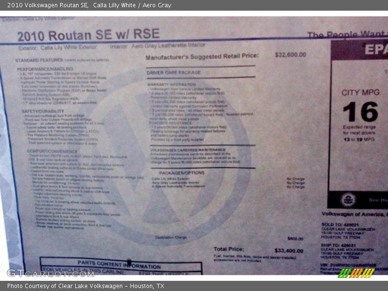 Calla Lilly White / Aero Gray 2010 Volkswagen Routan SE