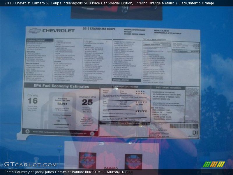 Inferno Orange Metallic / Black/Inferno Orange 2010 Chevrolet Camaro SS Coupe Indianapolis 500 Pace Car Special Edition