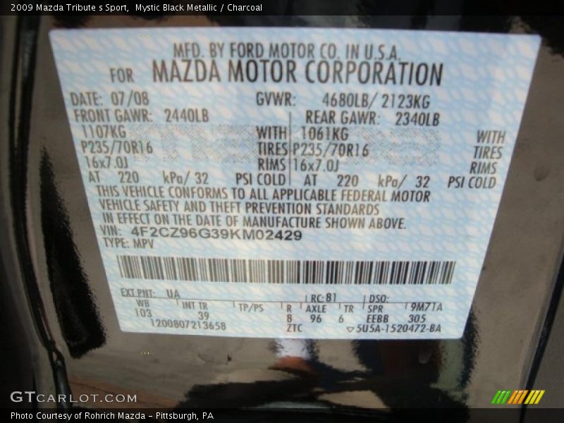 Mystic Black Metallic / Charcoal 2009 Mazda Tribute s Sport