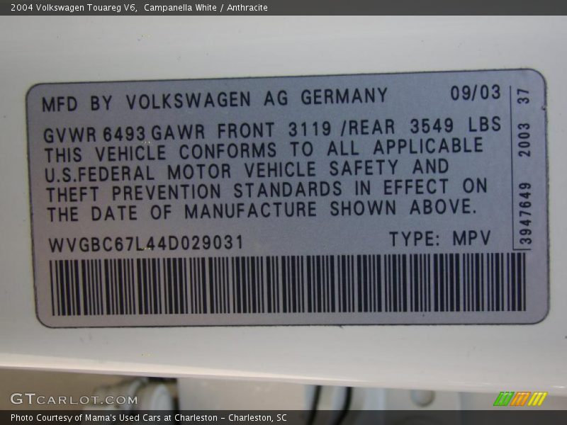 Campanella White / Anthracite 2004 Volkswagen Touareg V6