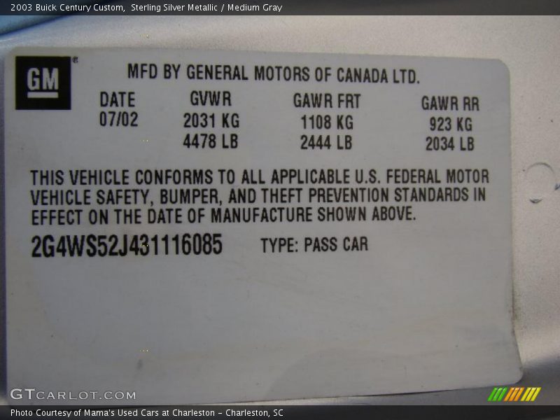 Sterling Silver Metallic / Medium Gray 2003 Buick Century Custom