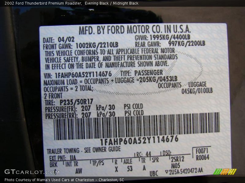 Evening Black / Midnight Black 2002 Ford Thunderbird Premium Roadster