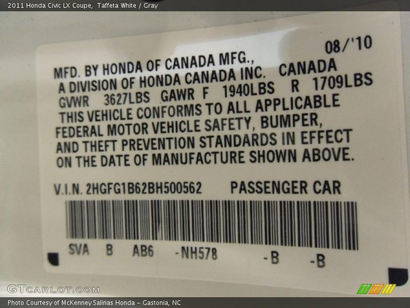 Taffeta White / Gray 2011 Honda Civic LX Coupe