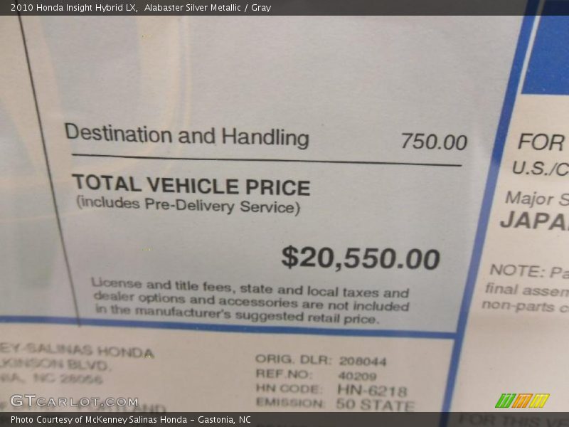 Alabaster Silver Metallic / Gray 2010 Honda Insight Hybrid LX