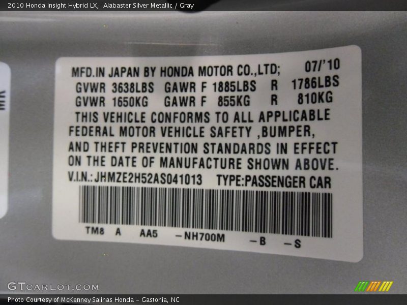 Alabaster Silver Metallic / Gray 2010 Honda Insight Hybrid LX