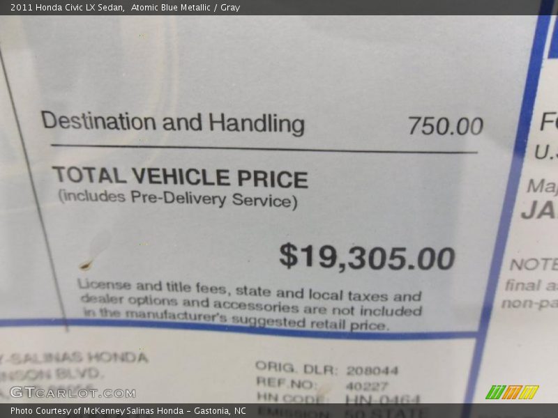 Atomic Blue Metallic / Gray 2011 Honda Civic LX Sedan