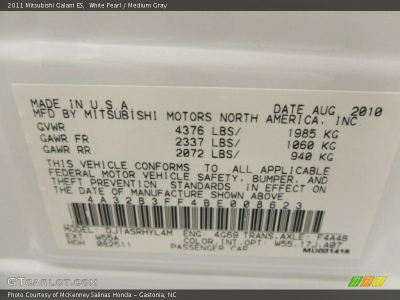 White Pearl / Medium Gray 2011 Mitsubishi Galant ES