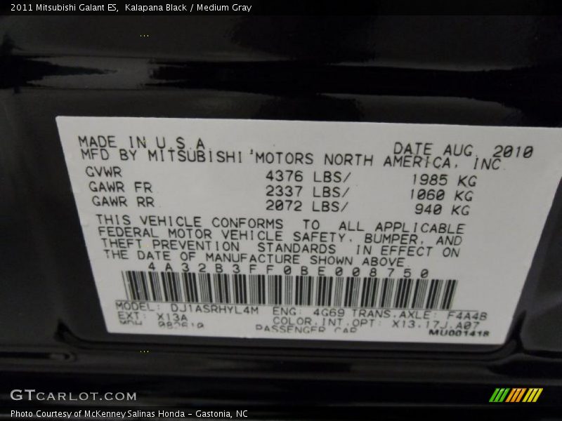 Kalapana Black / Medium Gray 2011 Mitsubishi Galant ES