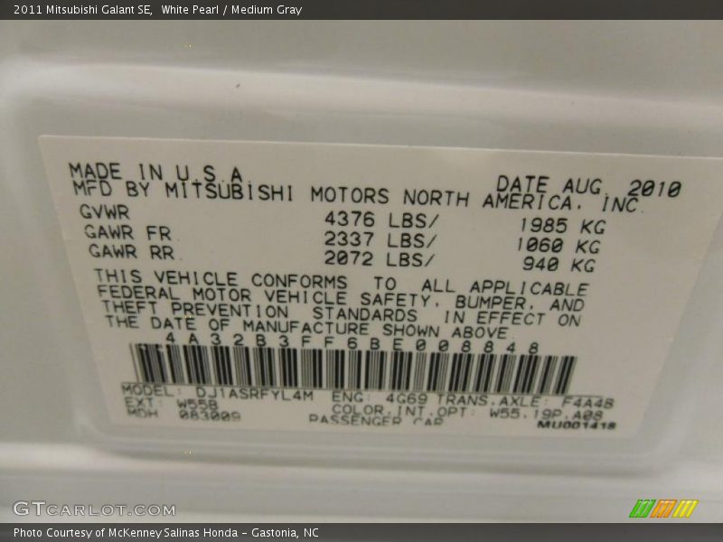 White Pearl / Medium Gray 2011 Mitsubishi Galant SE