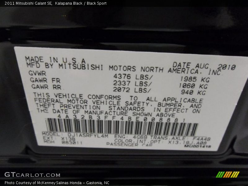 Kalapana Black / Black Sport 2011 Mitsubishi Galant SE