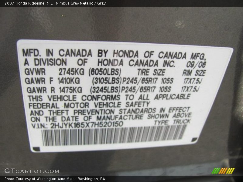 Nimbus Grey Metallic / Gray 2007 Honda Ridgeline RTL