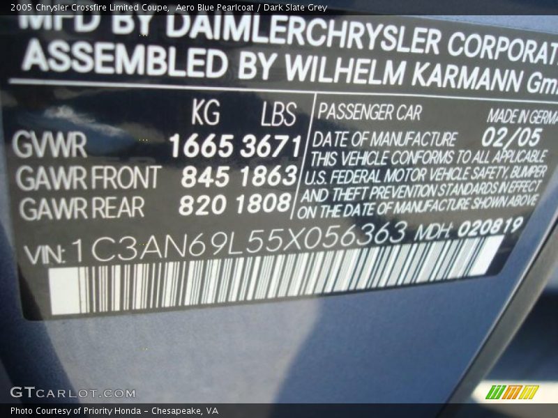Aero Blue Pearlcoat / Dark Slate Grey 2005 Chrysler Crossfire Limited Coupe