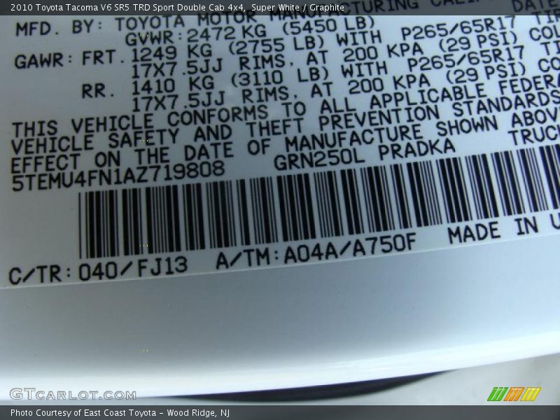 Super White / Graphite 2010 Toyota Tacoma V6 SR5 TRD Sport Double Cab 4x4