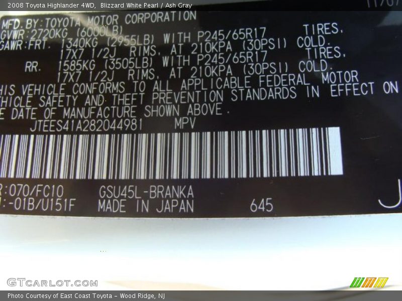 Blizzard White Pearl / Ash Gray 2008 Toyota Highlander 4WD
