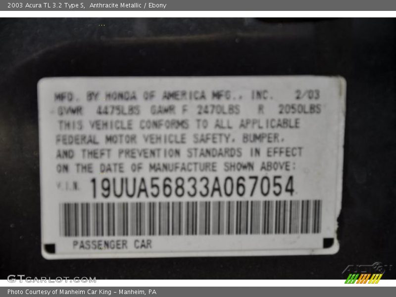 Anthracite Metallic / Ebony 2003 Acura TL 3.2 Type S