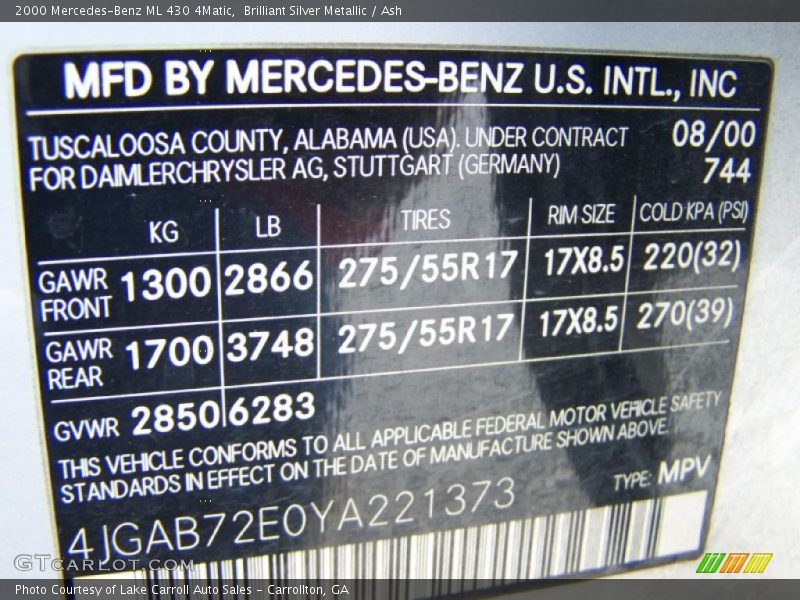 Brilliant Silver Metallic / Ash 2000 Mercedes-Benz ML 430 4Matic