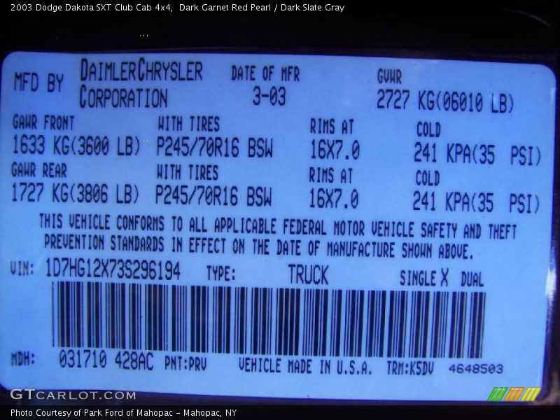 Dark Garnet Red Pearl / Dark Slate Gray 2003 Dodge Dakota SXT Club Cab 4x4