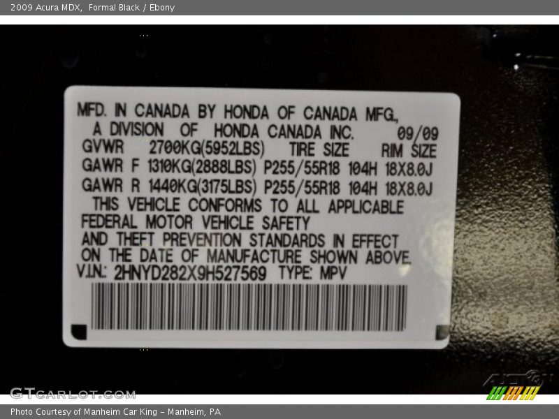 Formal Black / Ebony 2009 Acura MDX