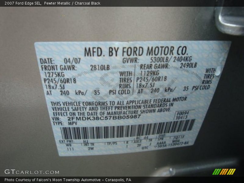 Pewter Metallic / Charcoal Black 2007 Ford Edge SEL