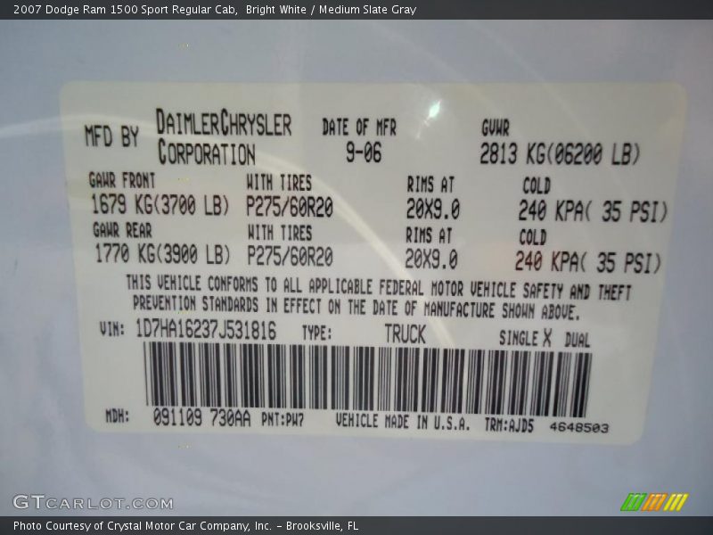 Bright White / Medium Slate Gray 2007 Dodge Ram 1500 Sport Regular Cab