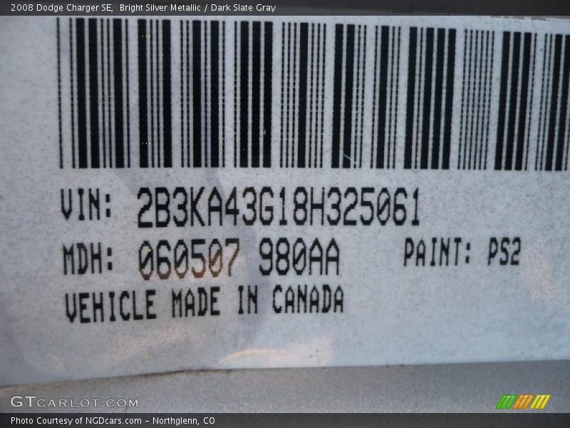 Bright Silver Metallic / Dark Slate Gray 2008 Dodge Charger SE