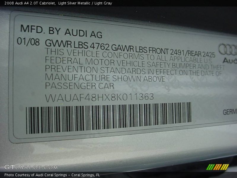 Light Silver Metallic / Light Gray 2008 Audi A4 2.0T Cabriolet