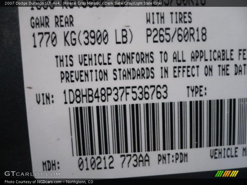 Mineral Gray Metallic / Dark Slate Gray/Light Slate Gray 2007 Dodge Durango SLT 4x4