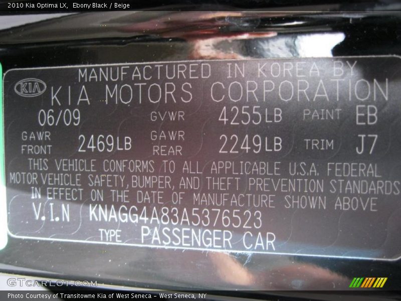 Ebony Black / Beige 2010 Kia Optima LX