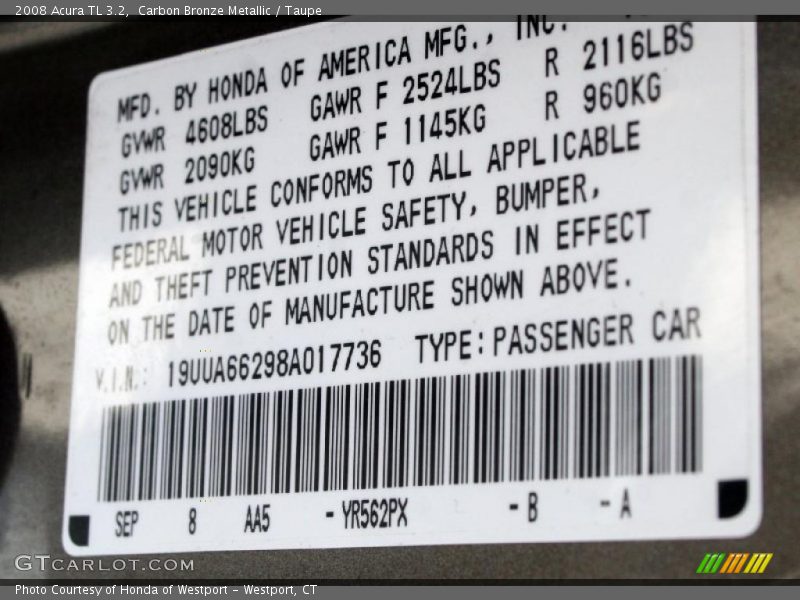 Carbon Bronze Metallic / Taupe 2008 Acura TL 3.2