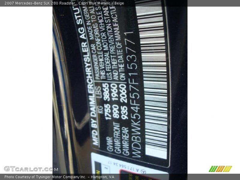 Capri Blue Metallic / Beige 2007 Mercedes-Benz SLK 280 Roadster