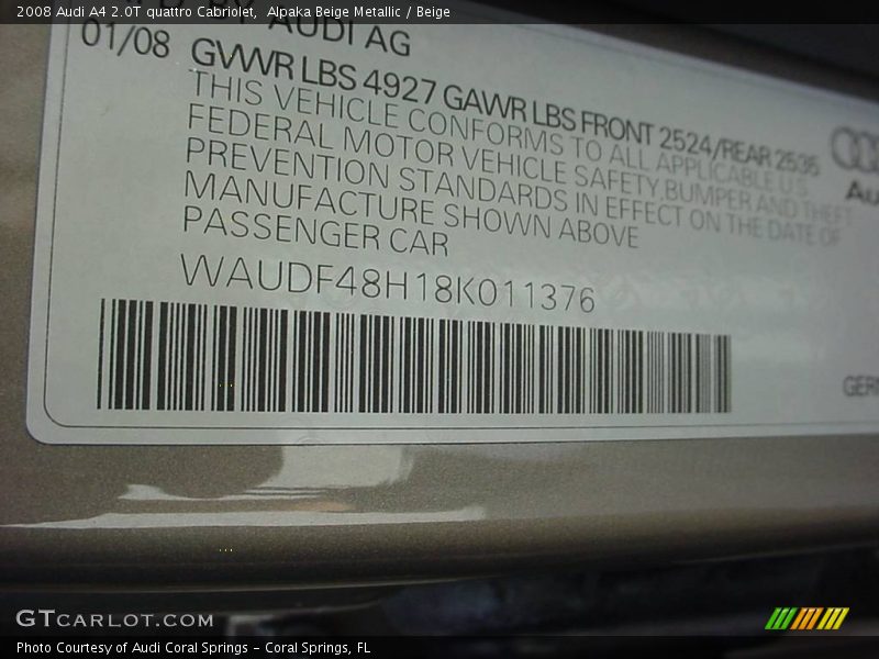 Alpaka Beige Metallic / Beige 2008 Audi A4 2.0T quattro Cabriolet