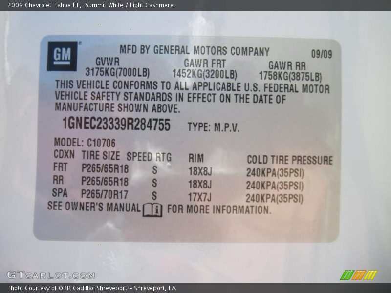 Summit White / Light Cashmere 2009 Chevrolet Tahoe LT