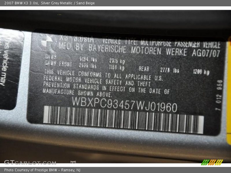 Silver Grey Metallic / Sand Beige 2007 BMW X3 3.0si