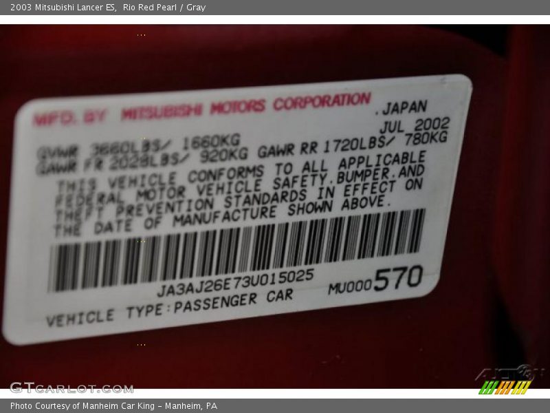 Rio Red Pearl / Gray 2003 Mitsubishi Lancer ES
